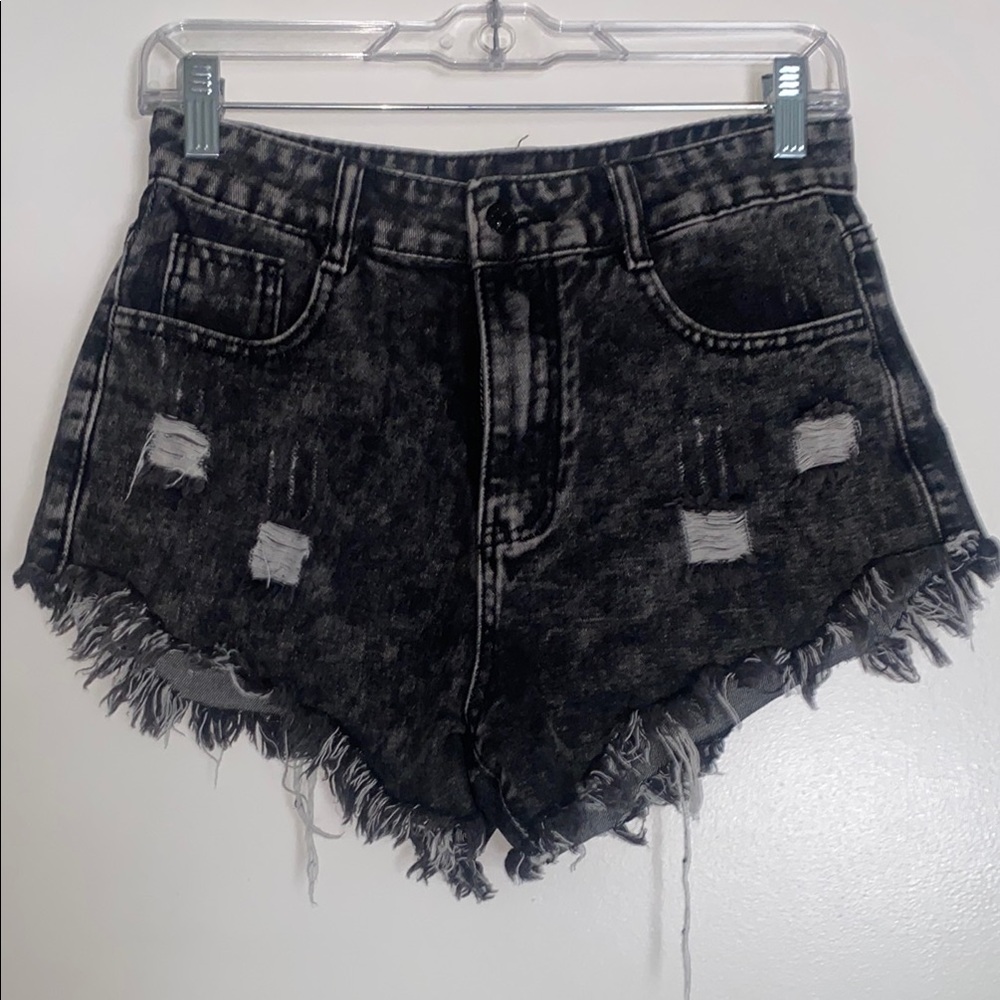 SHEIN Black Distressed Jean Shorts with Frayed Hem